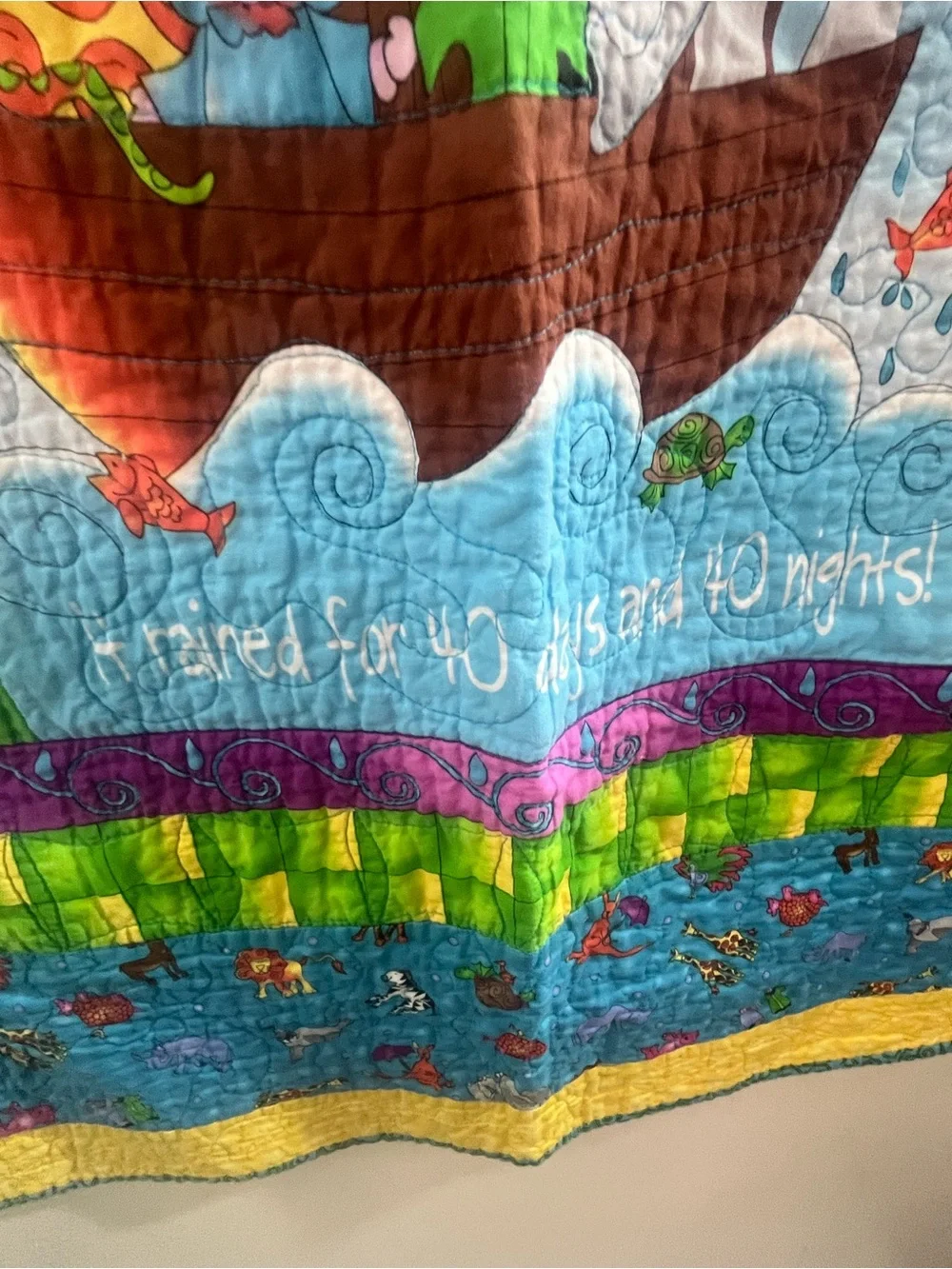 Noah's Ark Baby Quilt - Bright Blue & Yellow Nursery Throw